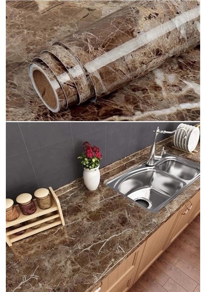 Mermer Desenli Masa Tezgah Mutfak Su Geçirmez Yapışkanlı Folyo Sticker Kahverengi 5x0,6m indirimleri