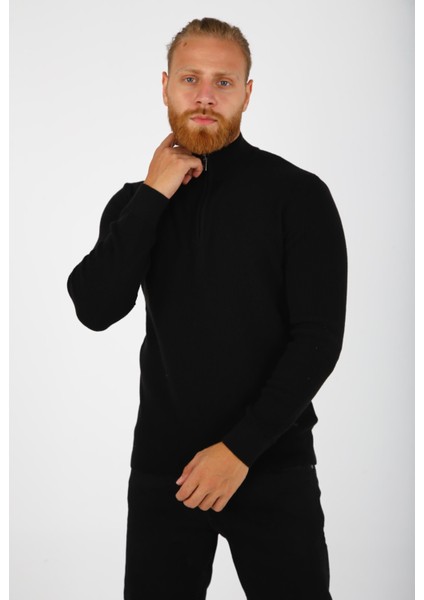 Fermuarlı Dik Yaka Triko Kazak