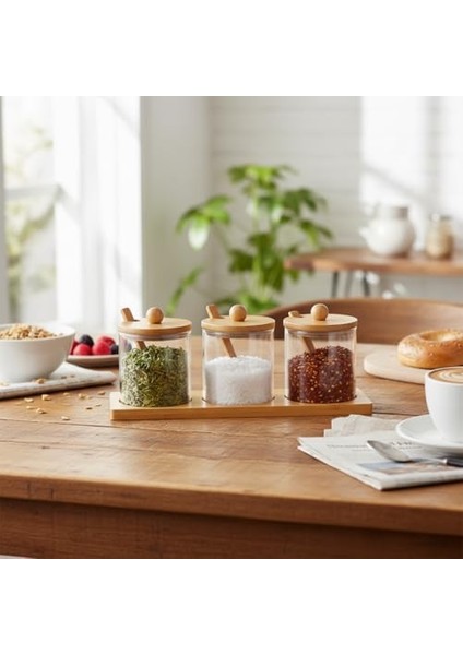 Bambu Standlı 3&apos;lü Cam Baharatlık, Borasilikat, Baharat Seti - Şık ve Fonksiyonel Bambu Standlı - Mutfakta Düzeni ve Lezzeti Bir Arada Yaşayın!