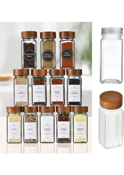 12&apos;li Bambu ve Akasya Kapaklı Cam Baharatlık Seti 120 ml - Doğal Ahşap Kapaklı, Şeffaf Cam, Sağlıklı ve Şık Baharat Kavanozları (Akasya Kapak) modelleri