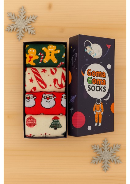 4'lü Neşeli Yılbaşı Çorap Seti Noel Zencefilli Kurabiye ve Çam Ağacı Desenli Pamuk Çoraplar