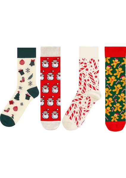4'lü Neşeli Yılbaşı Çorap Seti Noel Zencefilli Kurabiye ve Çam Ağacı Desenli Pamuk Çoraplar fiyatları