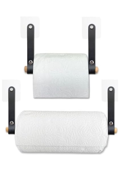 Yapışkanlı Ahşap & Deri Tuvalet Kağıtlığı ve Kağıt Havluluk | Banyo Peçetelik, Wc Kağıtlık, Dolap Altı Havlu Askısı (Siyah, 2&apos;li Set) modelleri