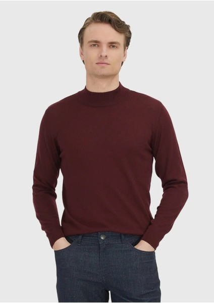 Bordo Yarım Balıkçı Yaka Düz Örgü %100 Yün Triko Kazak