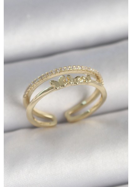 Pirinç Gold Renk 2'li Sıra Zirkon Taş Detaylı Kelebek Figürlü Ayarlanabilir Model Kadın Yüzük - TJ-BYK3733