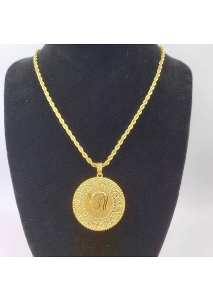 Gerçek Altın Görünümlü Cumhuriyet Tam Ata Kolye Zincir Dahil