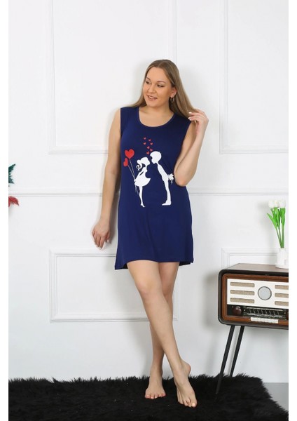 - Kadın Büyük Beden Kalın Askılı Penye Diz Üstü Lacivert Gecelik