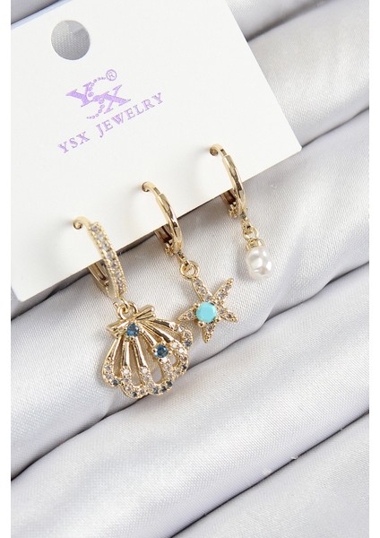 Pirinç Zirkon Taşlı 3'lü Istiridye ve Yıldız Model Gold Renk Kadın Küpe - TJ-BKP11141