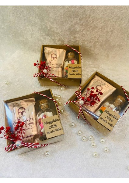 Hoşgeldin 2026 Yeni Yıl Yılbaşı Hediyesi, Kahve ve Cam Şişe Şeker Seti