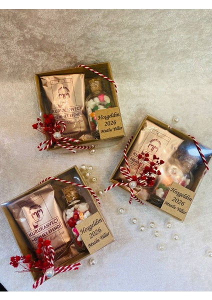 Hoşgeldin 2026 Yeni Yıl Yılbaşı Hediyesi, Kahve ve Cam Şişe Şeker Seti