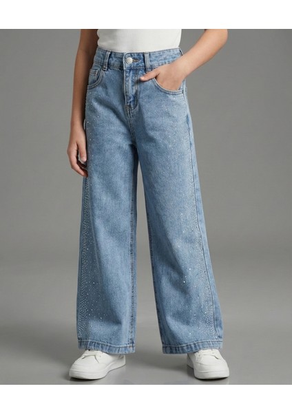 Kız Çocuk Serpme Taşlı Kot Pantolon