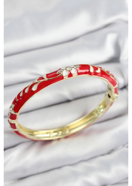 Mineli Pirinç Zirkon Taşlı Kırmızı Çiçek Motifli Gold Kadın Kelepçe - TJ-BB7640