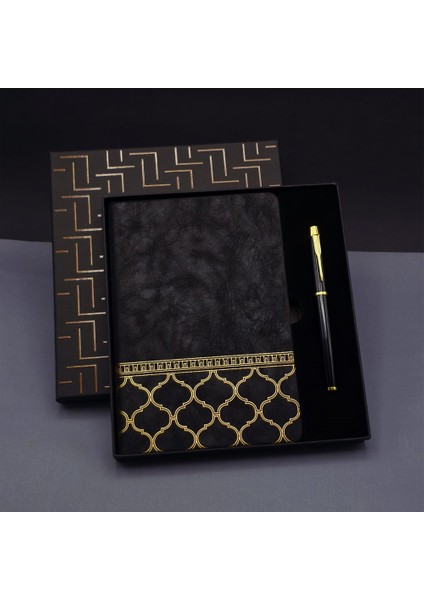 Gold Desen Siyah Deri Defter Kalem Set