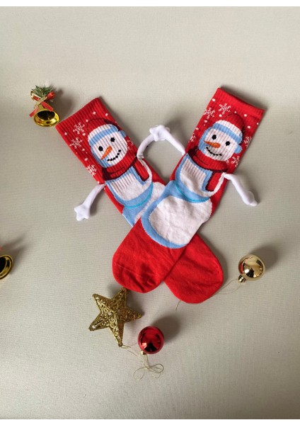 Yılbaşı Özel 2’li El Ele Tutuşan Çorap Seti – Karlı Kardan Adam & Noel Baba | Unisex Eğlenceli Yılbaşı Çorabı