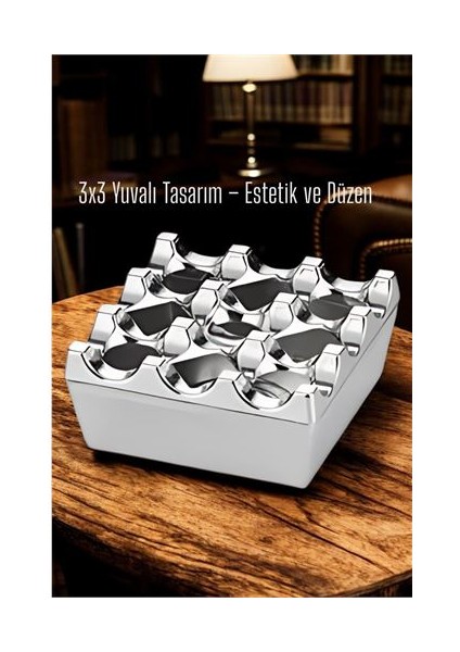 Metal Döküm Küllük – 3x3 Yuvalı Krom Modern ve Ağırlıklı Tasarım 7