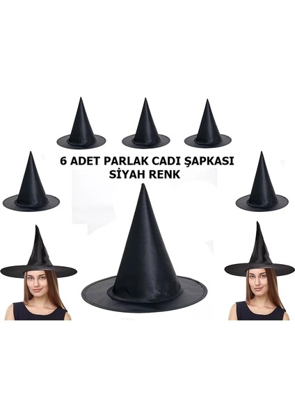 Halloween Siyah Renk Parlak Dralon Cadı Şapkası Yetişkin ve Çocuk Uyumlu 6 Adet