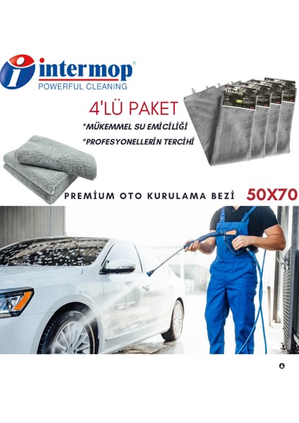 Intermop 50X70 Oto Kurulama Bezi Gri 4'lü Paket