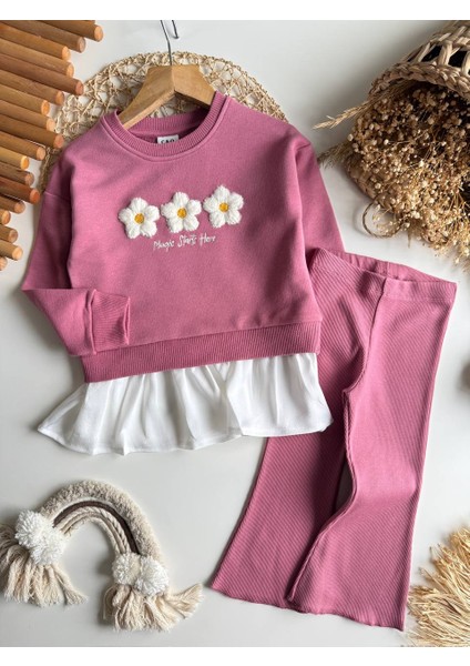 Çiçek İşlemeli Gül Kurusu Kız Çocuk Takımı – Sweatshirt & Geniş Paça Tayt, 2–8 Yaş