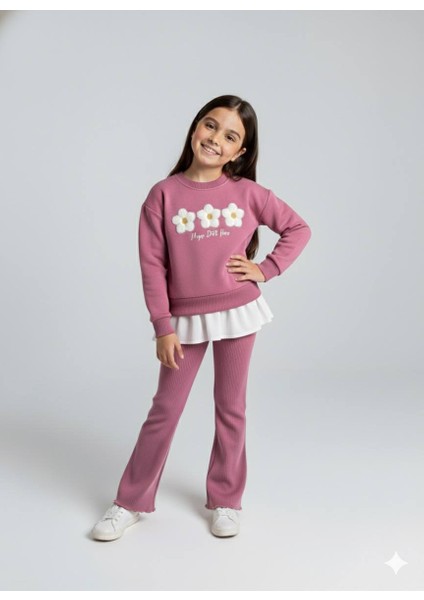 Çiçek İşlemeli Gül Kurusu Kız Çocuk Takımı – Sweatshirt & Geniş Paça Tayt, 2–8 Yaş modelleri