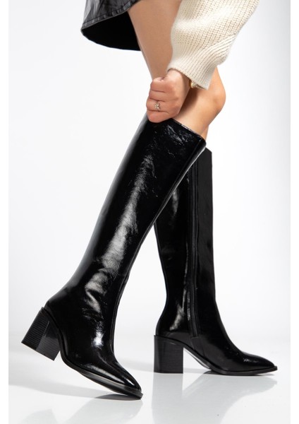Kadın Topuklu Çizme Siyah Rugan Fermuarlı Küt Burun fiyatları