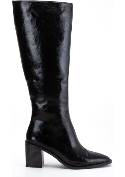 Kadın Topuklu Çizme Siyah Rugan Fermuarlı Küt Burun modelleri
