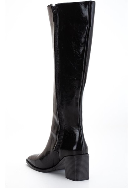 Kadın Topuklu Çizme Siyah Rugan Fermuarlı Küt Burun indirimleri