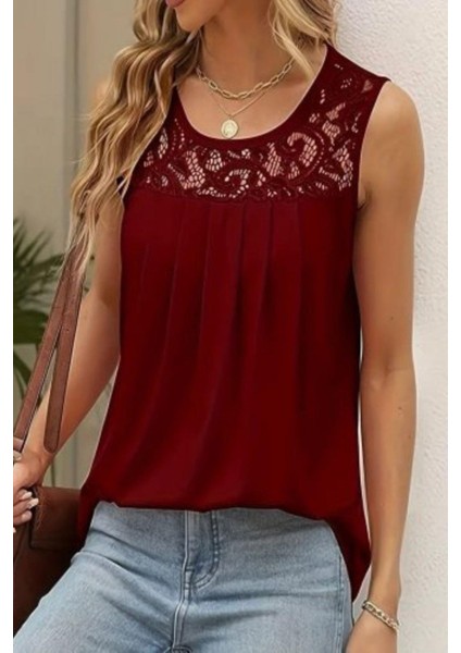 Yuvarlak Yaka Dantel Detaylı Viskon Bluz - Bordo