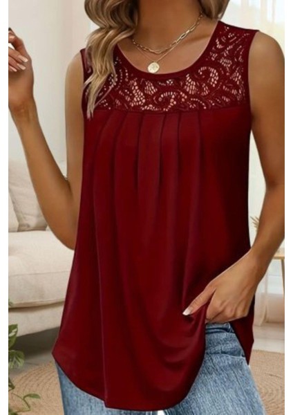 Yuvarlak Yaka Dantel Detaylı Viskon Bluz - Bordo fiyatları