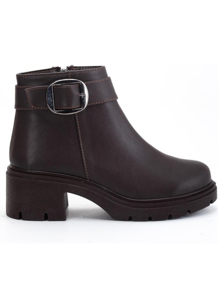 Kadın Topuklu Bot Kahverengi Suni Deri Yan Tokalı Kalın Taban modelleri