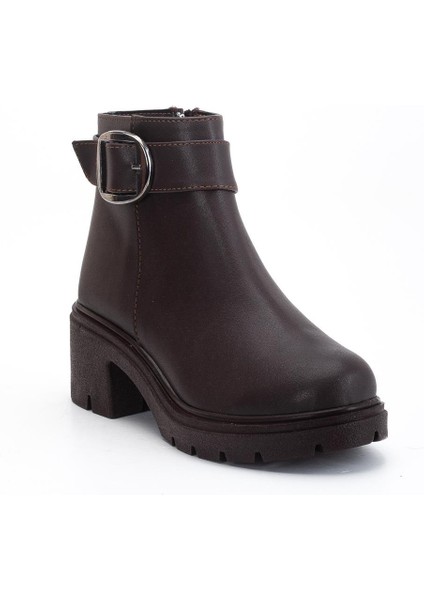 Kadın Topuklu Bot Kahverengi Suni Deri Yan Tokalı Kalın Taban fırsatları