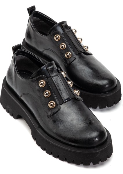 Kadın Casual Günlük Ayakkabı Siyah Kırışık Rugan Kalın Taban Bağsız