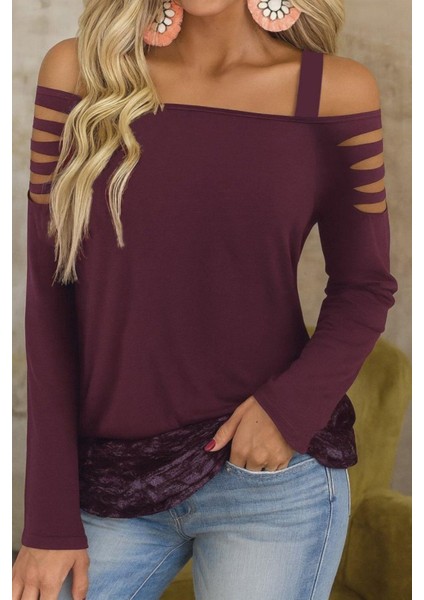 Askılı Lazer Kesim Detaylı Viskon Iki Iplik Bluz - Bordo