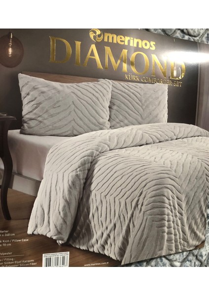 Diamond Kürk Comforter 3 Parça Set Gri