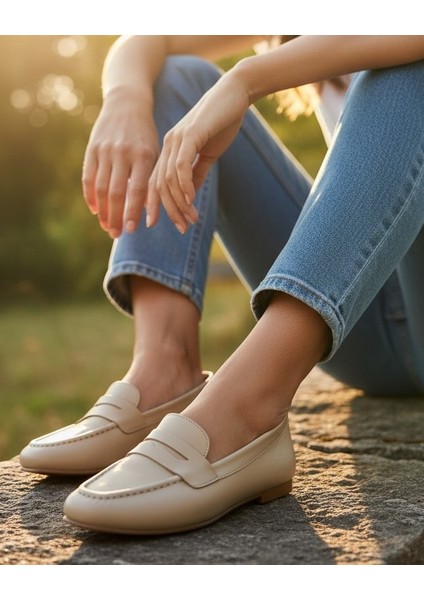 Nuage Bej Hakiki Deri Yumuşak Taban Küt Burun Kadın Günlük Babet fırsatları