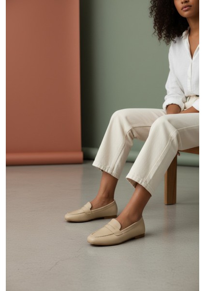 Nuage Bej Hakiki Deri Yumuşak Taban Küt Burun Kadın Günlük Babet