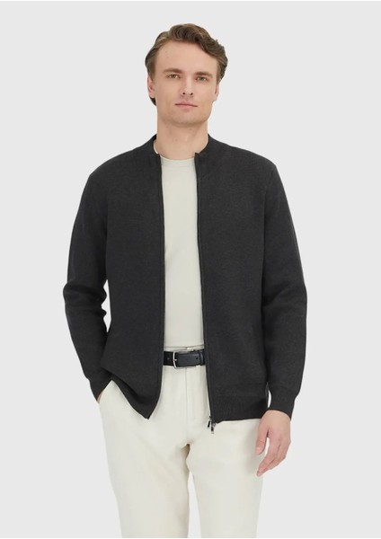 Antrasit Yarım Balıkçı Yaka Düz Örgü Pamuk Karışımlı Hırka