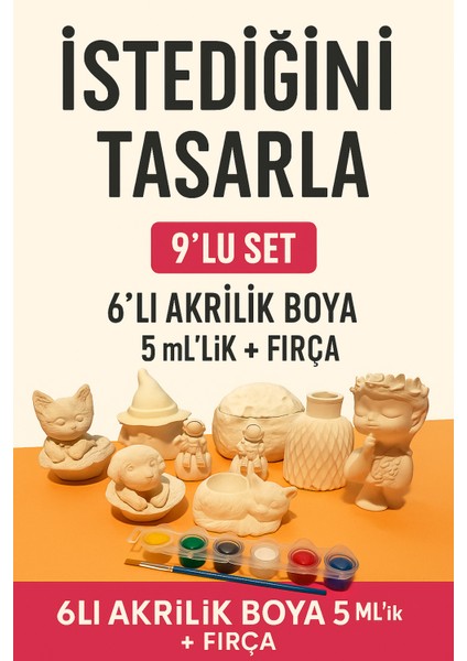 9’lu Boyanabilir Alçı Seti – Boya + Fırça | Kendin Yap & Sanat Etkinliği
