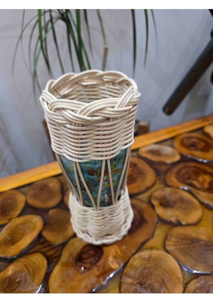 El Yapımı Seramik Renkli Vazo & Rattan Örgü Tasarım – Bohem Dekoratif Masa Üstü Vazo
