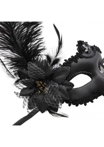 Siyah Mat Renk Yandan Tüylü Güllü Parti Balo Venedik Maskesi fiyatları