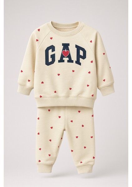 Kalp Baskılı Krem Kız Çocuk Takımı – Sweatshirt & Jogger Alt, 2–8 Yaş