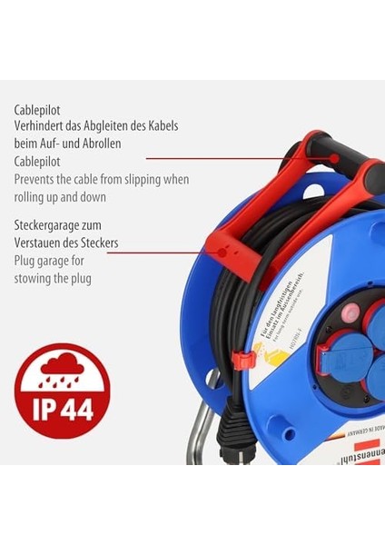 IP44 Ticari/şantiye Kablo Makarası, 40 M - Özel Plastik (Şantiye Kullanımı ve Dış Mekanda Sürekli Kullanım, Almanya&apos;da Üretilmiştir) Mavi