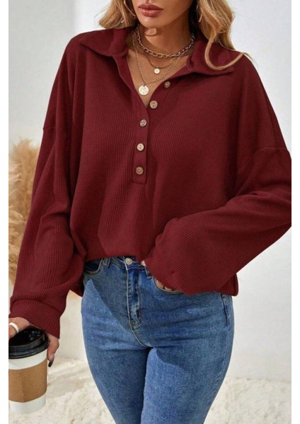 Düğmeli Oversize Waffle Bluz - Bordo