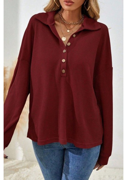 Düğmeli Oversize Waffle Bluz - Bordo fiyatları