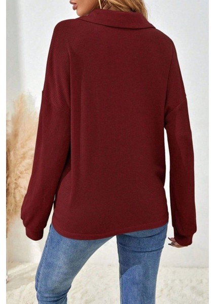 Düğmeli Oversize Waffle Bluz - Bordo modelleri