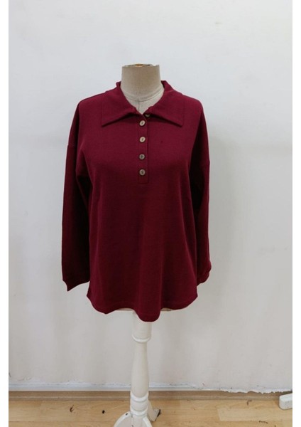 Düğmeli Oversize Waffle Bluz - Bordo fırsatları