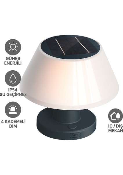 MDS Solar Şarjlı Masa Lambası IP54 Su Geçirmez 4 Kademeli Dim LED Modern Tasarım