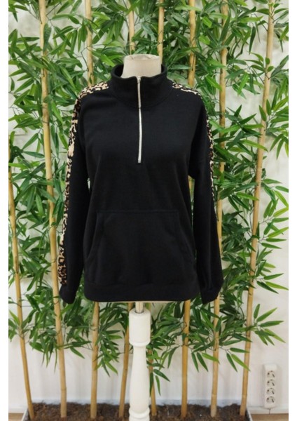 Fermuarlı Yaka Leopar Şeritli Polar Bluz - Siyah modelleri