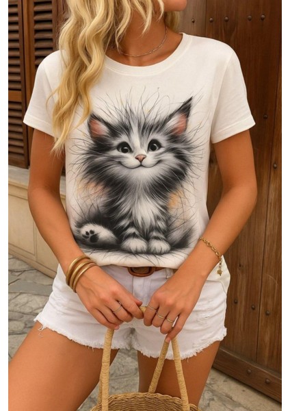 Bisiklet Yaka Kedi Baskılı Süprem Bluz - Beyaz