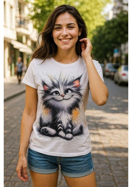 Bisiklet Yaka Kedi Baskılı Süprem Bluz - Beyaz fiyatları