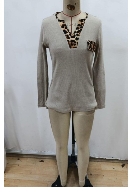 V Yaka Leopar Detaylı Kaşkorse Bluz - Taş fırsatları